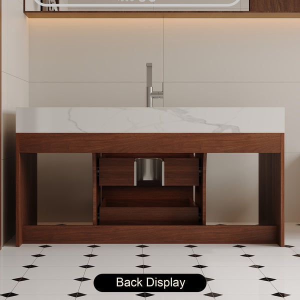 English Elm 39.4'' Floating Bathroom Vanity with Ceramic Sink and Sintered Stone Top, Wall-Mount Modern Design White+Walnut W3136S00020