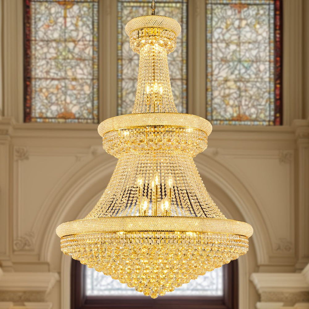 English Elm Luxury Gold Crystal Chandelier 42" 3-Tier Empire with 36 E12 Lights, 480+ K9 Crystals, Hand-Strung Elegance W2869S00003
