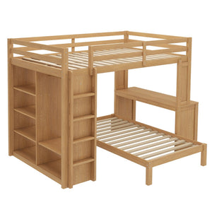 English Elm Queen Over Twin Bunk Bed With Built-In Desk, Storage, And Dismountable Lower Bed - Natural Wood W1580S00216-GIGA