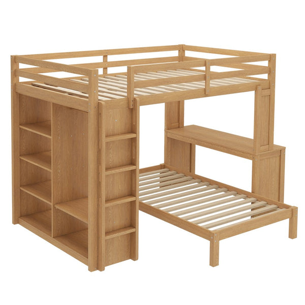 English Elm Queen Over Twin Bunk Bed With Built-In Desk, Storage, And Dismountable Lower Bed - Natural Wood W1580S00216-GIGA