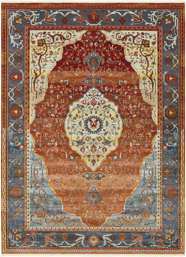 Unique Loom Baracoa Miramar Machine Made Border Rug Rust Red, Blue/Ivory/Olive/Orange/Red/Yellow/Gray 10' 0" x 13' 1"