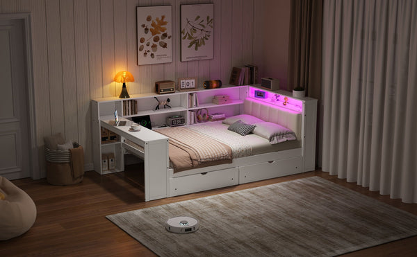 English Elm Wood Full Size Gaming Loft Bed with Integrated Desk, Shelves, LED Lighting & Hanging Clothes Rack Beige+White N7090001047K