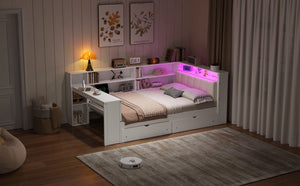 English Elm Wood Full Platform Bed with Led Headboard Built-in Desk Charging Station and Storage Shelves Beige+White N7090001047K-1