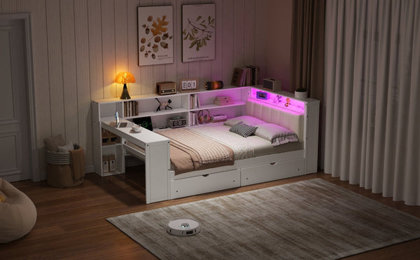 English Elm Wood Full Platform Bed with Led Headboard Built-in Desk Charging Station and Storage Shelves Beige+White N7090001047K-1