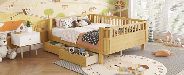 English Elm Twin Kids Platform Bed Solid Pine White Finish with Storage Drawers and Safety Rails Natural W2593P409119