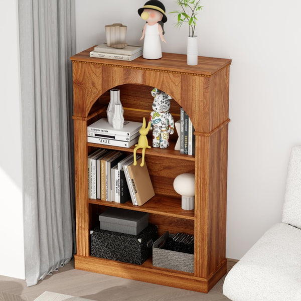 English Elm Vintage Hand-carved Solid Wood Bookcase Tall Arched Open Shelf Cabinet for Living Room W3123P485376