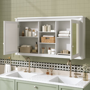 English Elm 55 Inch Wall Mount Medicine Cabinet Dual Mirrored Doors Soft Close Bathroom Vanity Storage White N710P401342K