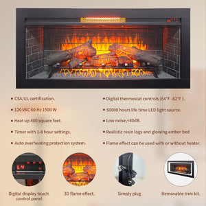 English Elm 42 Inch Infrared Quartz Fireplace Insert with 3d Flame Effect and Built-in Speaker W1769P405043