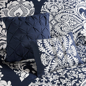 English Elm 7 Piece Cotton Printed Comforter Set - Elegant Indigo Damask Design For Luxurious Bedroom Style B03596962