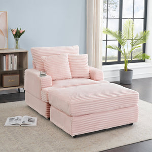 English Elm 39-inch Spring Corduroy Armchair and Ottoman Set with Cup Holder, Plush Sponge Cushions, 350lb Support Pink W1658S00047