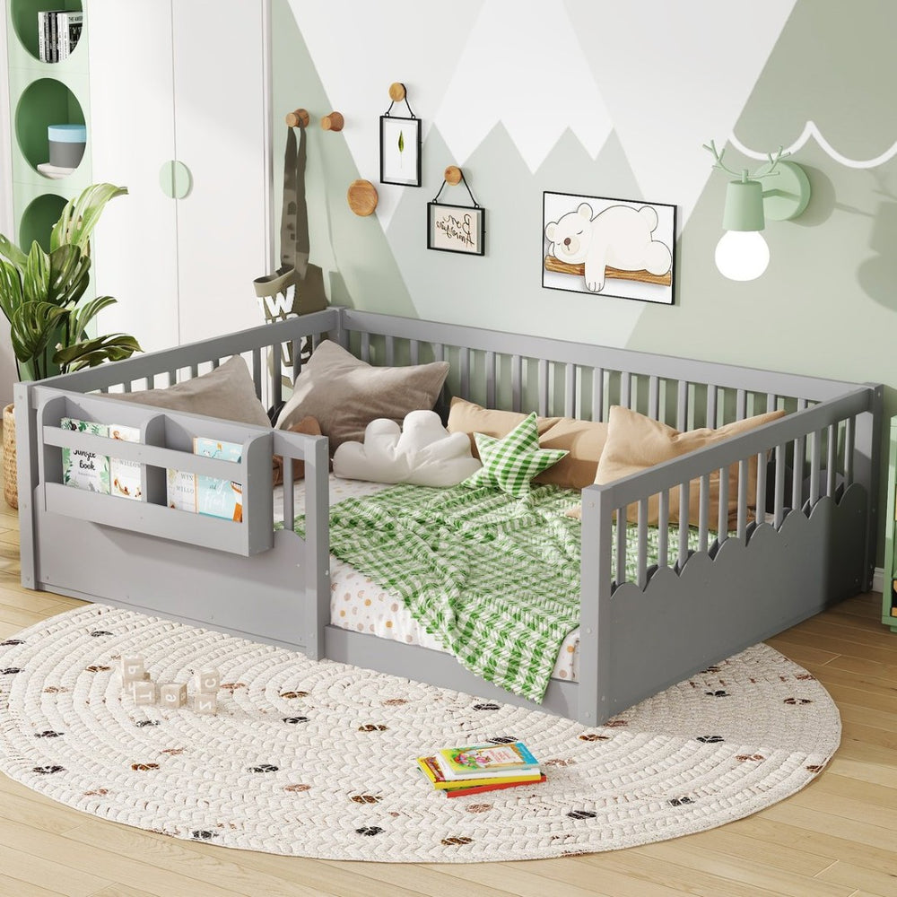 English Elm Twin Low Profile Kids Floor Bed Pine Wood Frame with Safety Rail and Built in Bookshelf Gray W1580P373140
