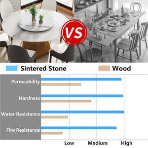English Elm 59.05" Round Sintered Stone Dining Table Brass Base Lazy Susan Seats Eight W1535S00634