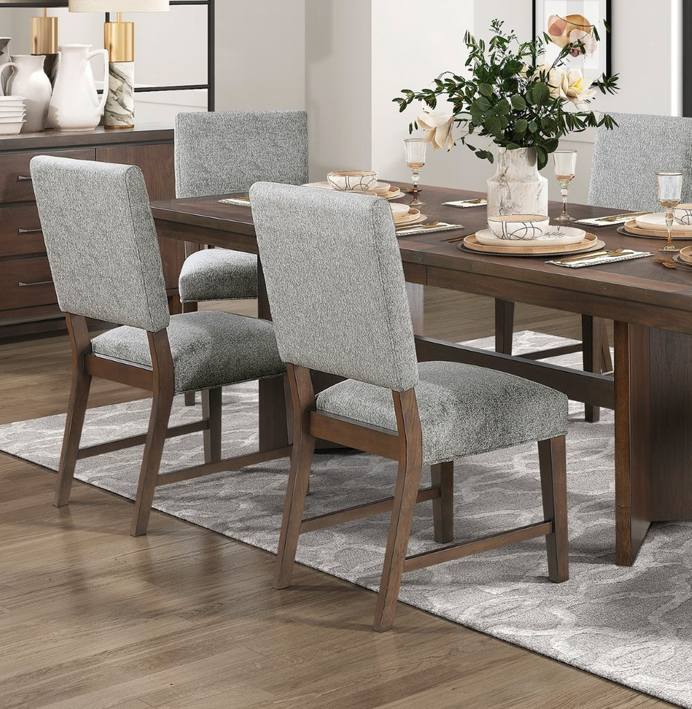 English Elm Walnut Veneer Six Piece Dining Set with Extension Leaf Trestle Table and Upholstered Chairs B011S01381