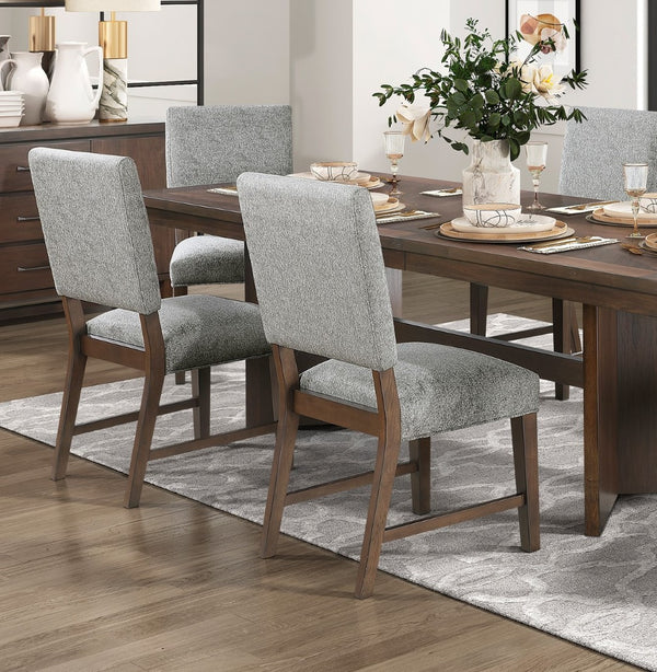 English Elm Walnut Veneer Six Piece Dining Set with Extension Leaf Trestle Table and Upholstered Chairs B011S01381