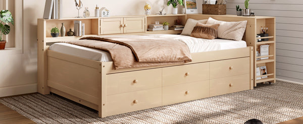 English Elm Twin Daybed Pine Frame with Trundle Desk Hutch Shelves and Storage for Kids Rooms Golden W1580S00460