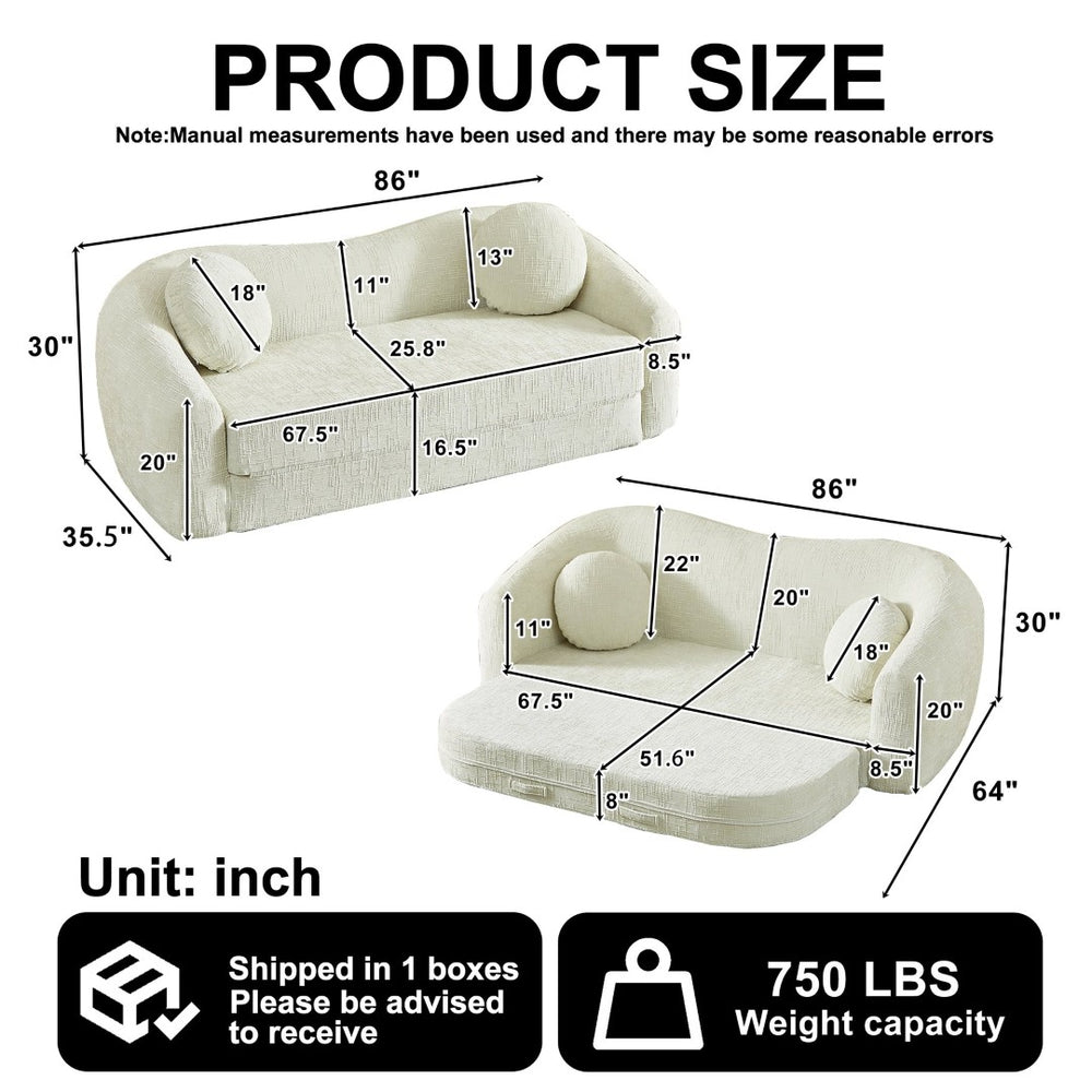 English Elm 86-inch Curved Chenille Convertible Sofa Recliner Frameless Folding Two-seater for Living Room Beige W3505P452816
