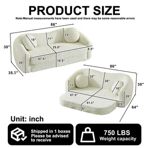 English Elm 86-inch Curved Chenille Convertible Sofa Recliner Frameless Folding Two-seater for Living Room Beige W3505P452816