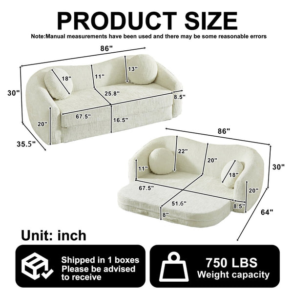 English Elm 86-inch Curved Chenille Convertible Sofa Recliner Frameless Folding Two-seater for Living Room Beige W3505P452816