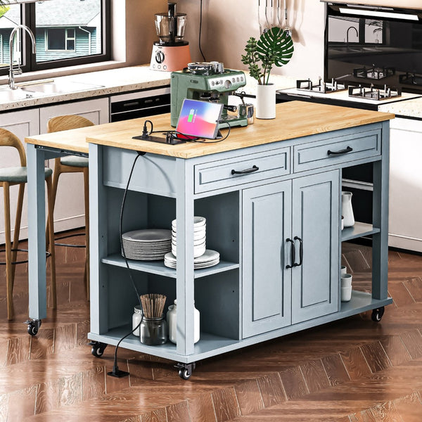 English Elm K&k Farmhouse Kitchen Island Extendable Table Rubber Wood Veneer Built-in Charging Storage Grey+Blue N707S215327G