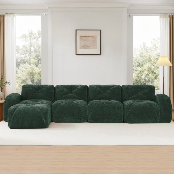 English Elm L-shaped Modular Velvet Sectional Tufted Cloud Sofa with Ottoman for Living Room Green W714S01616
