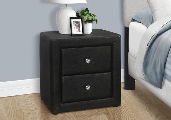 English Elm Nightstand, Upholstered Leather-Look Accent Table with Two Drawers, Chrome Knob, No Assembly Required Black 22 L x 17 W x 22 H B2710P219502