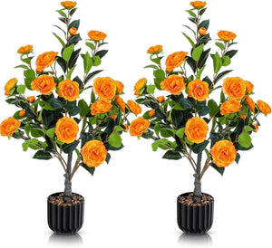 English Elm Artificial Camellia Tree 36" 2-Pack in Pots with 24 Orange Blooms, Lifelike Leaves, No-Maintenance Decor W2641P314787