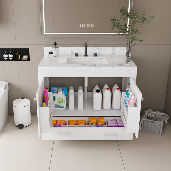 English Elm Modern 43" Bathroom Vanity With Carrara White Top, Soft-Close Drawer & Durable Mdf Cabinet Design W509S00139