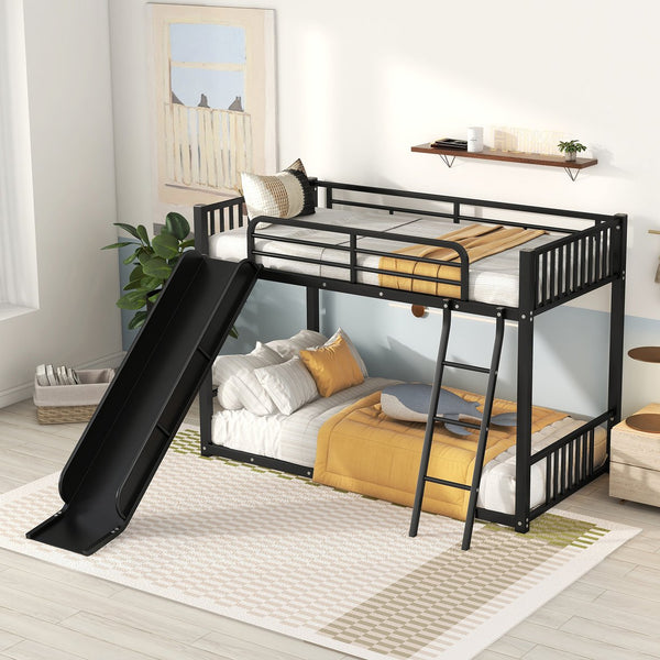 English Elm Metal Bunk Bed with Slide Twin over Twin Stylish Space-Saving Metal Frame, Safe Stairs & Playful Slide Fun Black MF285671AAB