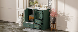 English Elm 36" Traditional Bathroom Vanity with Ceramic Sink, Solid Wood Cabinet, Soft-Close Doors & Drawers Green N729P251630F