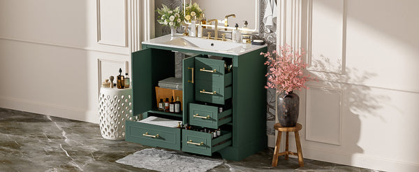 English Elm 36" Traditional Bathroom Vanity with Ceramic Sink, Solid Wood Cabinet, Soft-Close Doors & Drawers Green N729P251630F