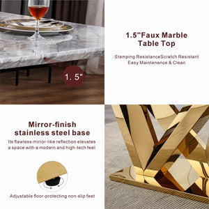 English Elm Marble Dining Table For 6-8, 74.8'' Rectangular Faux Marble Top With Mirrored Stainless Steel Base W3456S00045