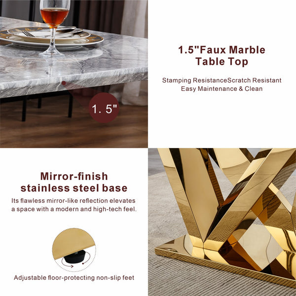 English Elm Marble Dining Table For 6-8, 74.8'' Rectangular Faux Marble Top With Mirrored Stainless Steel Base W3456S00045