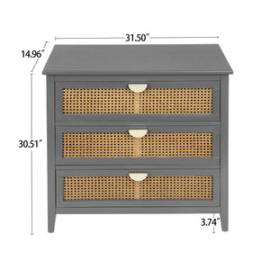English Elm 3 Drawer Cabinet Solid Wood Veneer & Natural Rattan Finish, Hand-Painted Detail, Anti-Slip Feet for Bedroom Living Room Study (34x18x10 in) Gray W68858065