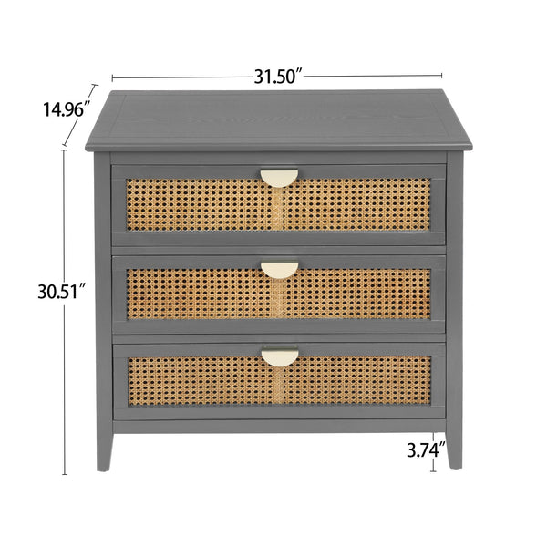 English Elm 3 Drawer Cabinet Solid Wood Veneer & Natural Rattan Finish, Hand-Painted Detail, Anti-Slip Feet for Bedroom Living Room Study (34x18x10 in) Gray W68858065