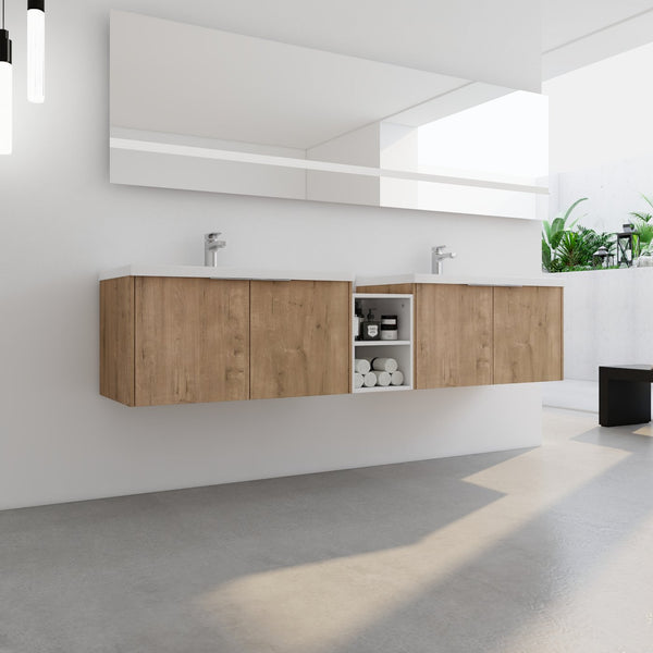 English Elm 84 Inch Wall Mounted Vanity with Dual Resin Sinks, Soft Close Doors, Metal Handles, Ample Storage Space Imitative Oak W999S00190