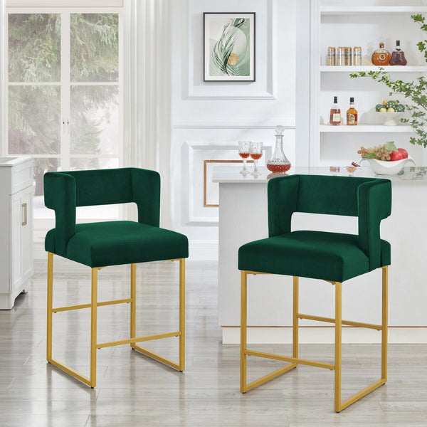 English Elm Modern Velvet Counter Stools Set of Two with Gold Iron Frame and Square Open Back Emerald W2186P171942