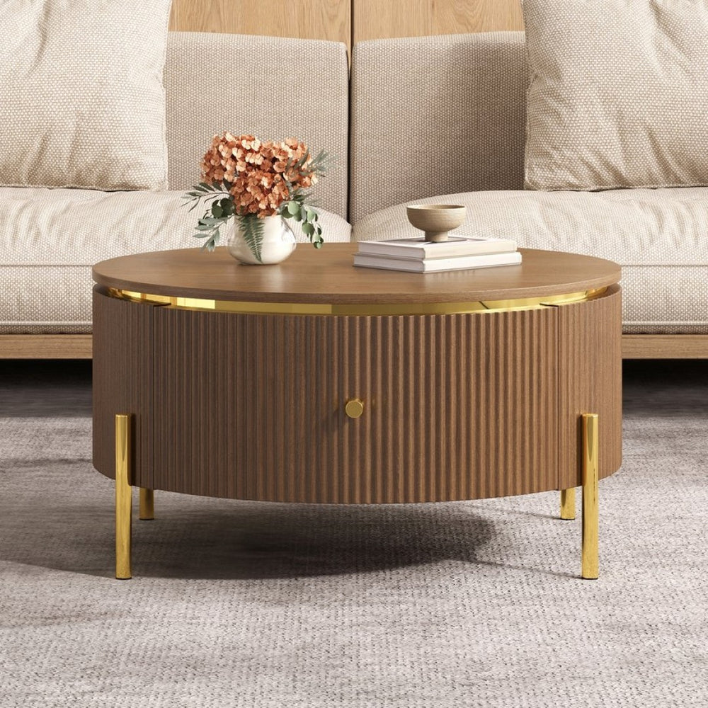 English Elm Modern Round Coffee Table with Gold Legs Two Drawers Brown Mdf Living Room N735P338995D