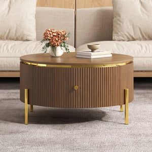 English Elm Modern Round Coffee Table with Gold Legs Two Drawers Brown Mdf Living Room N735P338995D