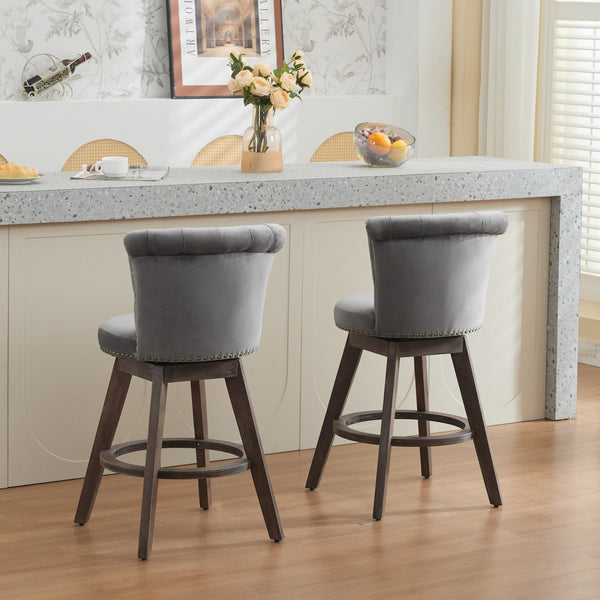 English Elm 26" Velvet Swivel Counter Stools Set of 2 with Tufted Back, Foam Cushion & Solid Wood Legs Gray W1143P362519