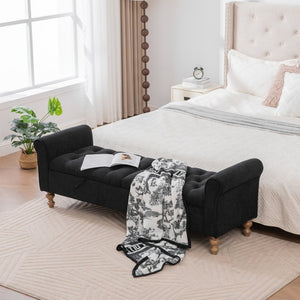 English Elm 65.75" Upholstered Storage Bench Napped Fabric Dual Lids Walnut Legs Bedroom Seating W3098P397303