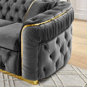 English Elm 2pcs Italian Velvet Chesterfield Sofa Set Tufted Three Seater with Gold Steel Legs Gray W1191S00043