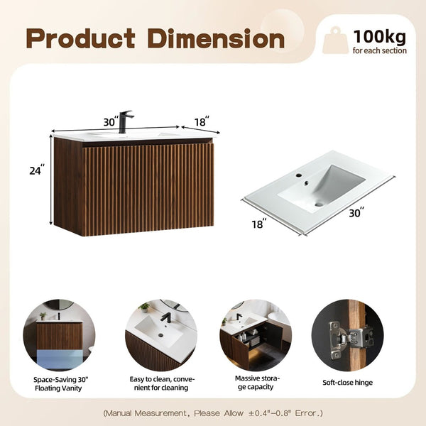 English Elm 30 Inch Floating Bathroom Vanity Fluted Wood Grain Front with Ceramic Integrated Sink Walnut W3520S00028