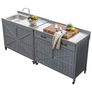 English Elm K&k Outdoor Prep Station Stainless Steel Top Fir Wood Cabinet with Drawer and Wheels Grey+Blue N707P370273G