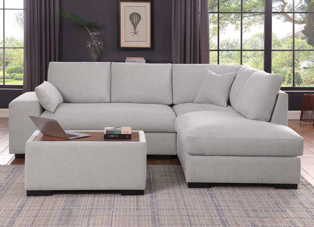 English Elm Joshua Light Gray Woven Sectional Sofa with Right-Facing Chaise, Console Ottoman & 2 Pillows — Modern Comfort and Multifunctional Wood-Top Table B061S00842