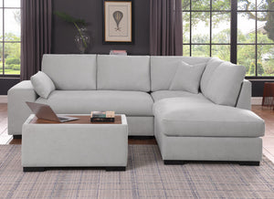 English Elm Joshua Light Gray Woven Sectional Sofa with Right-Facing Chaise, Console Ottoman & 2 Pillows — Modern Comfort and Multifunctional Wood-Top Table B061S00842