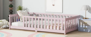 English Elm Twin Low Profile Rubberwood Floor Bed with Full Safety Fence for Toddler Rooms Pink W504P429338