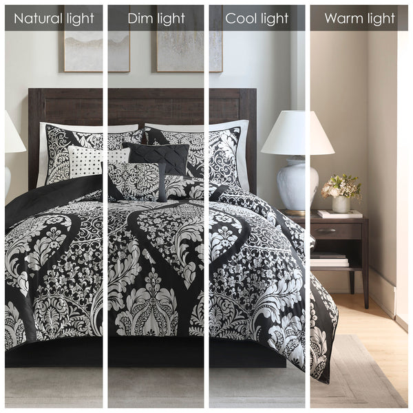 English Elm 7 Piece Cotton Comforter Set - Elegant Black Queen Collection With Damask Design & Luxury Accents B03597261