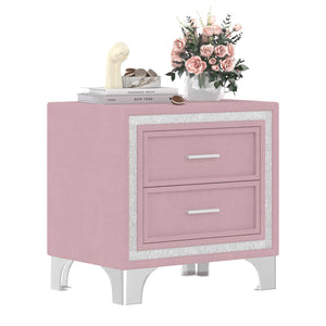 English Elm Mid Century Nightstand Velvet 2-Drawer Bedside Table with Metal Legs, Retro Space-Saving Storage and Durable Finish Pink 23.5 L x 19 W x 17 H N733P183659H