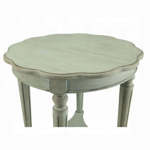 English Elm Antique French-Inspired Green End Table with Open Shelf, Ornate Carved Accents, Metal & Wood Elegance B062P209080