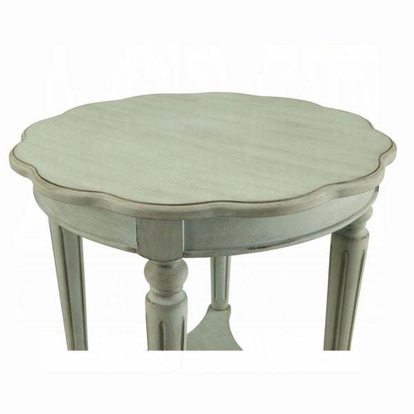 English Elm Antique French-Inspired Green End Table with Open Shelf, Ornate Carved Accents, Metal & Wood Elegance B062P209080